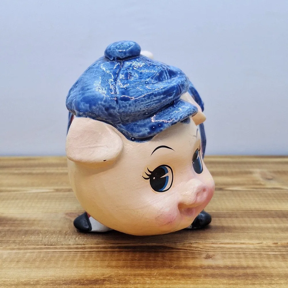 Ceramic‎ Pig Wearing Pinstripes Overalls Coin Piggy Bank Vintage Hand Painted
